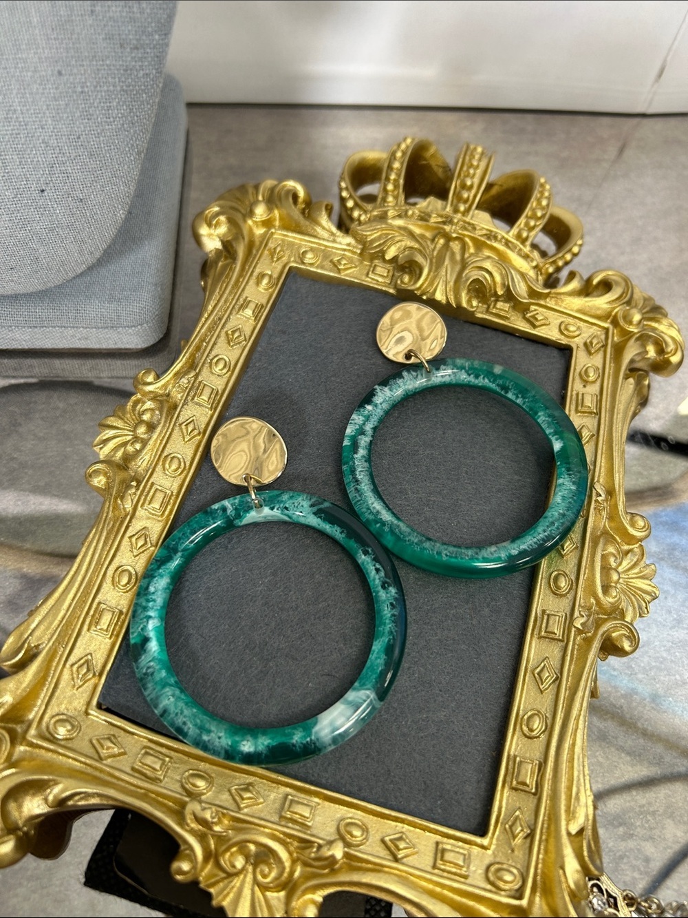 Trendy Green Marbled Acrylic Circle Earrings with Gold Discs